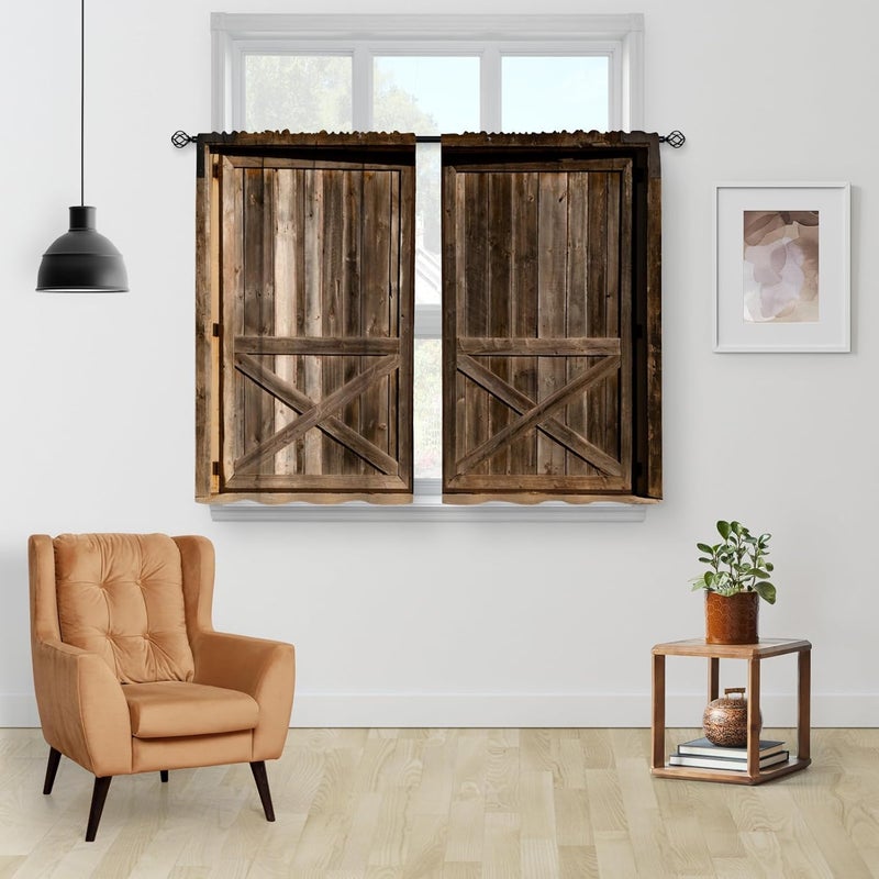 Aimego Farmhouse Wood Kitchen Curtains - Vintage Wooden Barn Door Country Small Short Tier Window Curtains for Bathroom Living Dining Room Decor Rod Pocket Window Drapes 36 Inch Length Set 28"x36" - Image 2